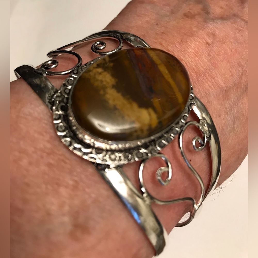 Sunset Jasper Stamped Solid 925 Sterling Silver Cuff Bracelet